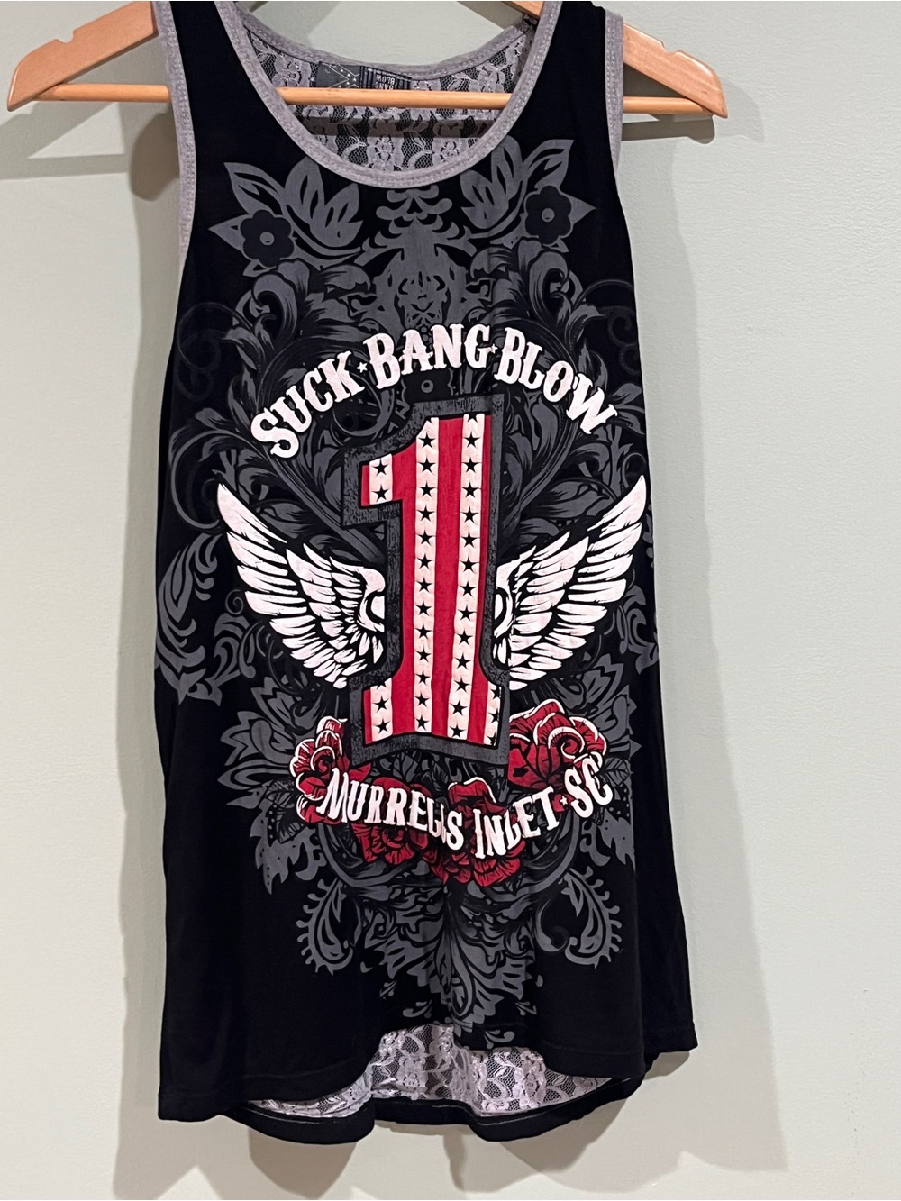 Black Graphic Tank Top with Red Accents and Winged Number